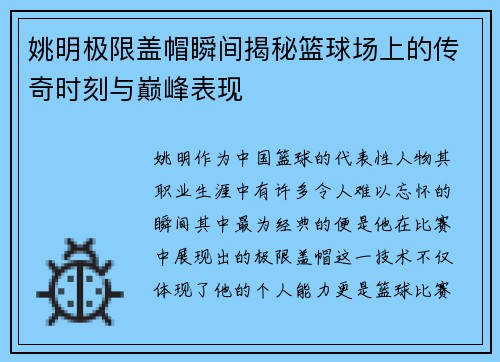 姚明极限盖帽瞬间揭秘篮球场上的传奇时刻与巅峰表现